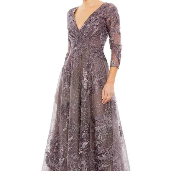 white christmas dresses Mac Duggal - Blue Embellished High Neck Flutter Sleeve A Line Dress
